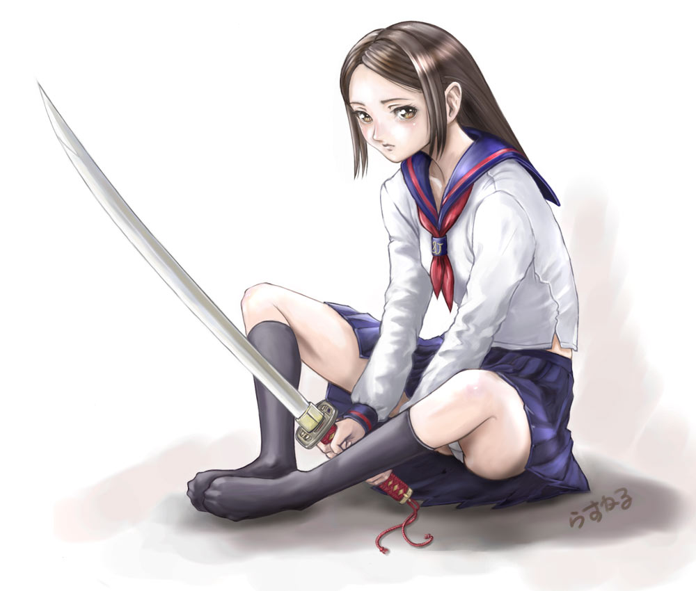 rasukaru, original, 1girl, artist name, black socks, blue skirt, brown eyes, brown hair, butterfly sitting, feet, feet together, female focus, full body, katana, kneehighs, knees apart feet together, long hair, looking at viewer, midriff, no shoes, panties, pantyshot, parted bangs, pleated skirt, school uniform, serafuku, simple background, sitting, skirt, socks, solo, sword, underwear, upskirt, weapon, white background, white panties