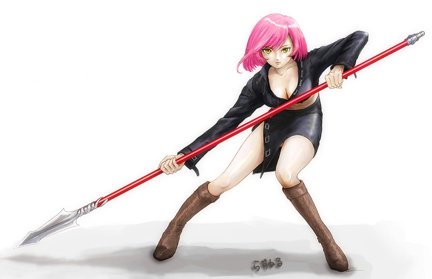 rasukaru, capcom, monster hunter (series), 1girl, boots, breasts, cleavage, female focus, fighting stance, full body, jacket, leather, leather jacket, pink hair, polearm, short hair, side slit, skirt, solo, spear, weapon, yellow eyes