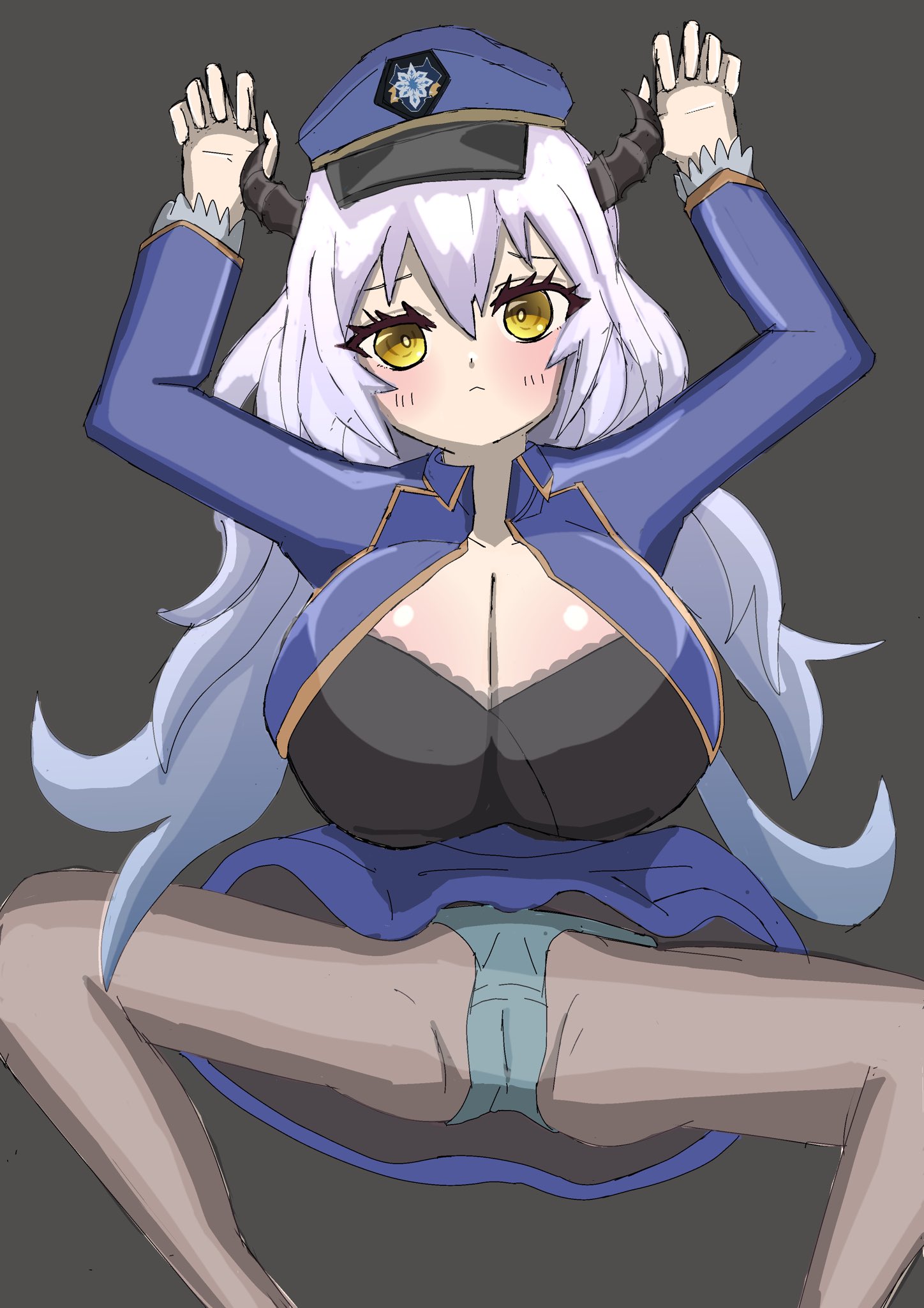 mir inverno (gakuen) (grimms notes), mir inverno (grimms notes), grimms notes, grimms notes gakuen, highres, 1girl, blue hat, blush, breasts, cleavage, grey hair, hat, huge breasts, kasatsukibed, long hair, looking at viewer, lying, on back, solo, spread legs, yellow eyes