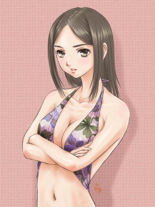 rasukaru, original, 1girl, bikini, blush, breasts, brown eyes, brown hair, cleavage, crossed arms, female focus, large breasts, long hair, medium breasts, solo, swimsuit