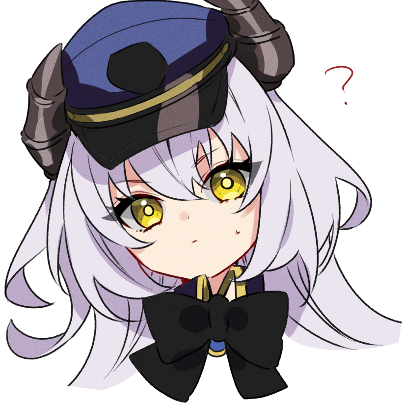 mir inverno (gakuen) (grimms notes), mir inverno (grimms notes), grimms notes, bad id, bad twitter id, 082573004a, 1girl, ?, blue hat, closed mouth, grey hair, hat, horns, long hair, looking at viewer, simple background, solo, sweatdrop, white background, yellow eyes