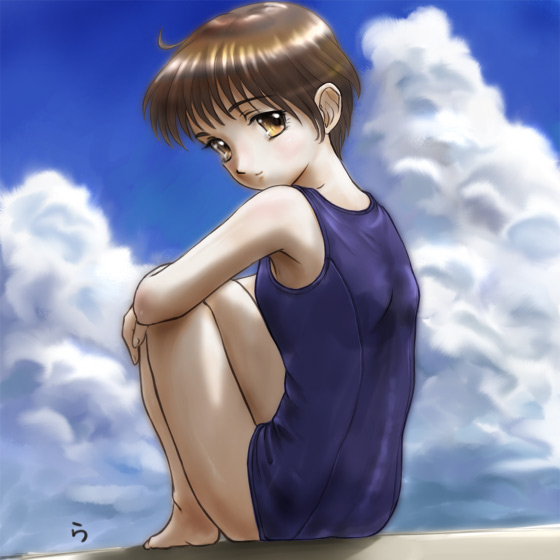 rasukaru, back, barefoot, brown eyes, brown hair, cloud, hugging own legs, looking back, one-piece swimsuit, school swimsuit, short hair, sitting, sky, smile, solo, swimsuit