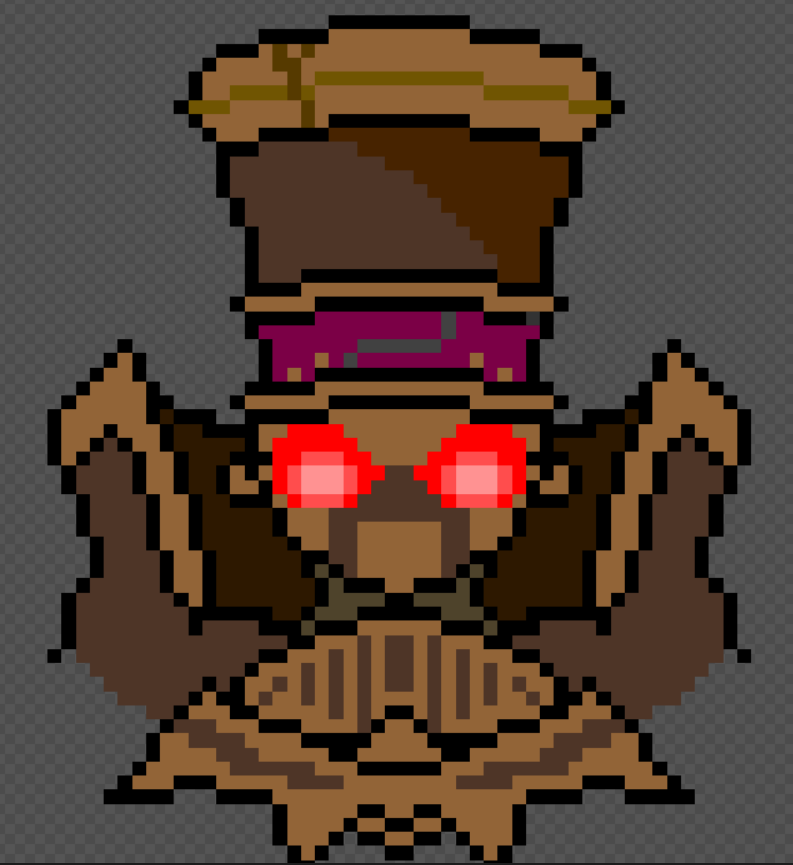 chaos pinocchio (grimms notes), grimms notes, 1boy, hat, looking at viewer, male focus, mecha, mecha focus, no humans, pixel art, red eyes, robot, solo, top hat, uc ozoni, upper body