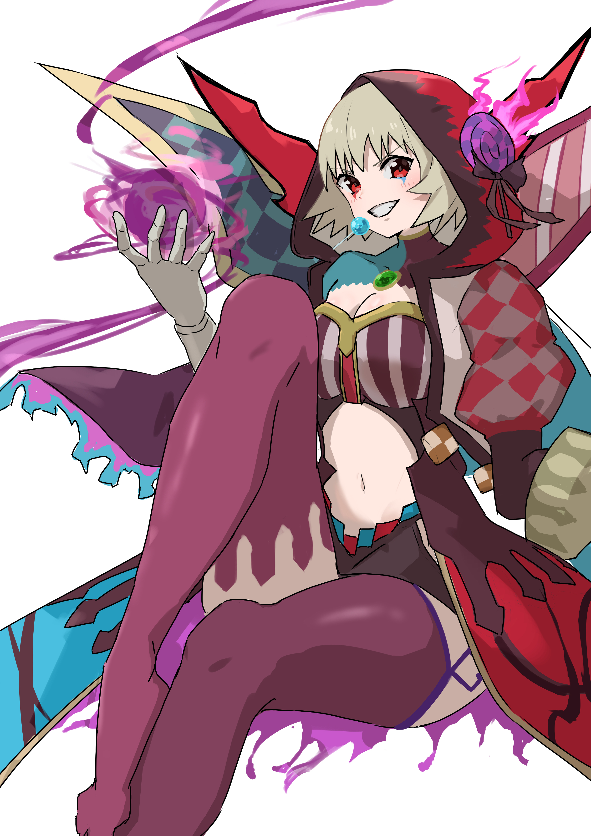 qto toto, candy witch (grimms notes), grimms notes, absurdres, bad id, bad twitter id, highres, blonde hair, breasts, grin, hand up, hood, hood up, navel, prosthesis, prosthetic arm, red eyes, simple background, sitting, smile, teeth, white background