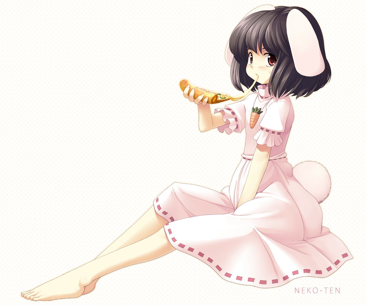 fujishiro touma, inaba tewi, touhou, jpeg artifacts, 1girl, animal ears, barefoot, big hair, black hair, eating, feet, female focus, food, pizza, rabbit ears, rabbit girl, rabbit tail, red eyes, short hair, sitting, solo, tail