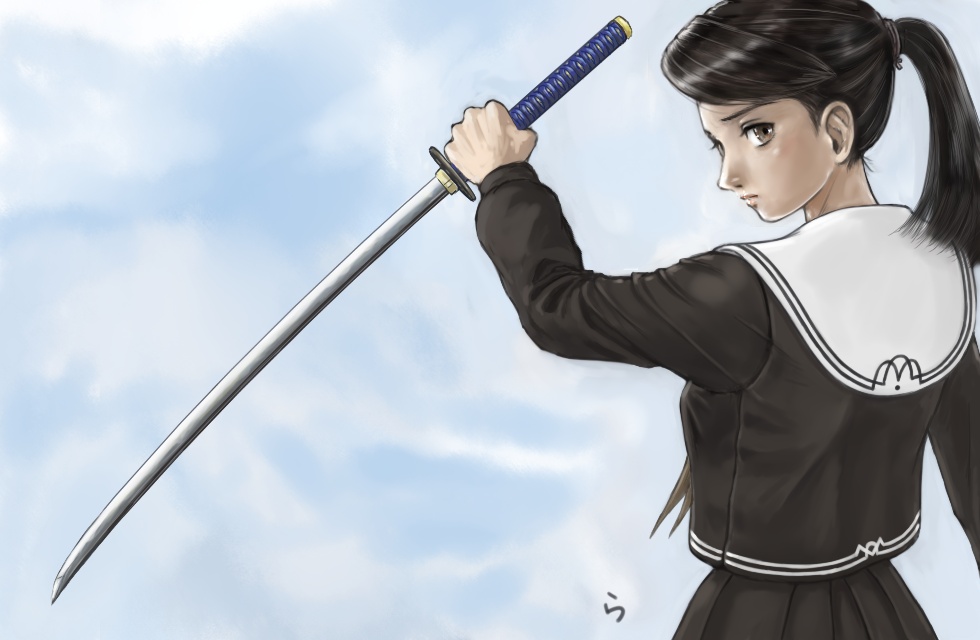 rasukaru, capcom, monster hunter (series), 1girl, black hair, black serafuku, brown eyes, female focus, from behind, katana, looking back, outdoors, ponytail, school uniform, serafuku, sky, solo, sword, weapon