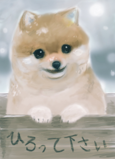 noisen, animal focus, box, dog, in box, in container, no humans, smile, snow, snowing, welsh corgi