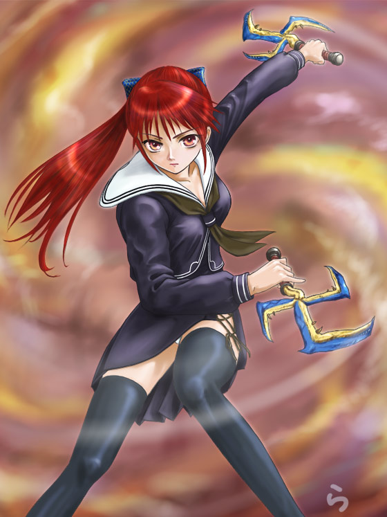 rasukaru, capcom, monster hunter (series), dual wielding, holding, long hair, panties, pantyshot, ponytail, red eyes, red hair, school uniform, serafuku, solo, sword, thighhighs, underwear, weapon, white panties