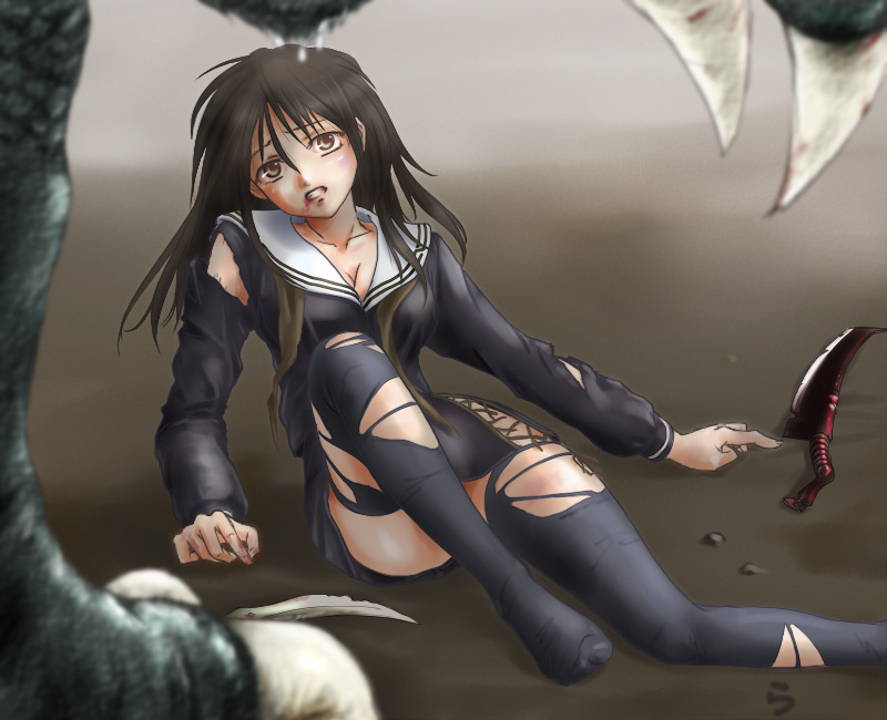 rasukaru, capcom, monster hunter (series), torn legwear, 1girl, blood, brown eyes, brown hair, long hair, lying, monster, solo focus, sword, thighhighs, torn clothes, weapon, you gonna get raped
