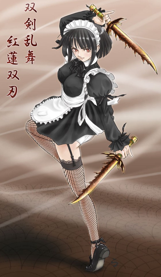 rasukaru, capcom, monster hunter (series), black hair, combat maid, dual wielding, fishnet thighhighs, fishnets, garter belt, holding, maid, panties, short hair, solo, sword, thighhighs, underwear, weapon, white panties