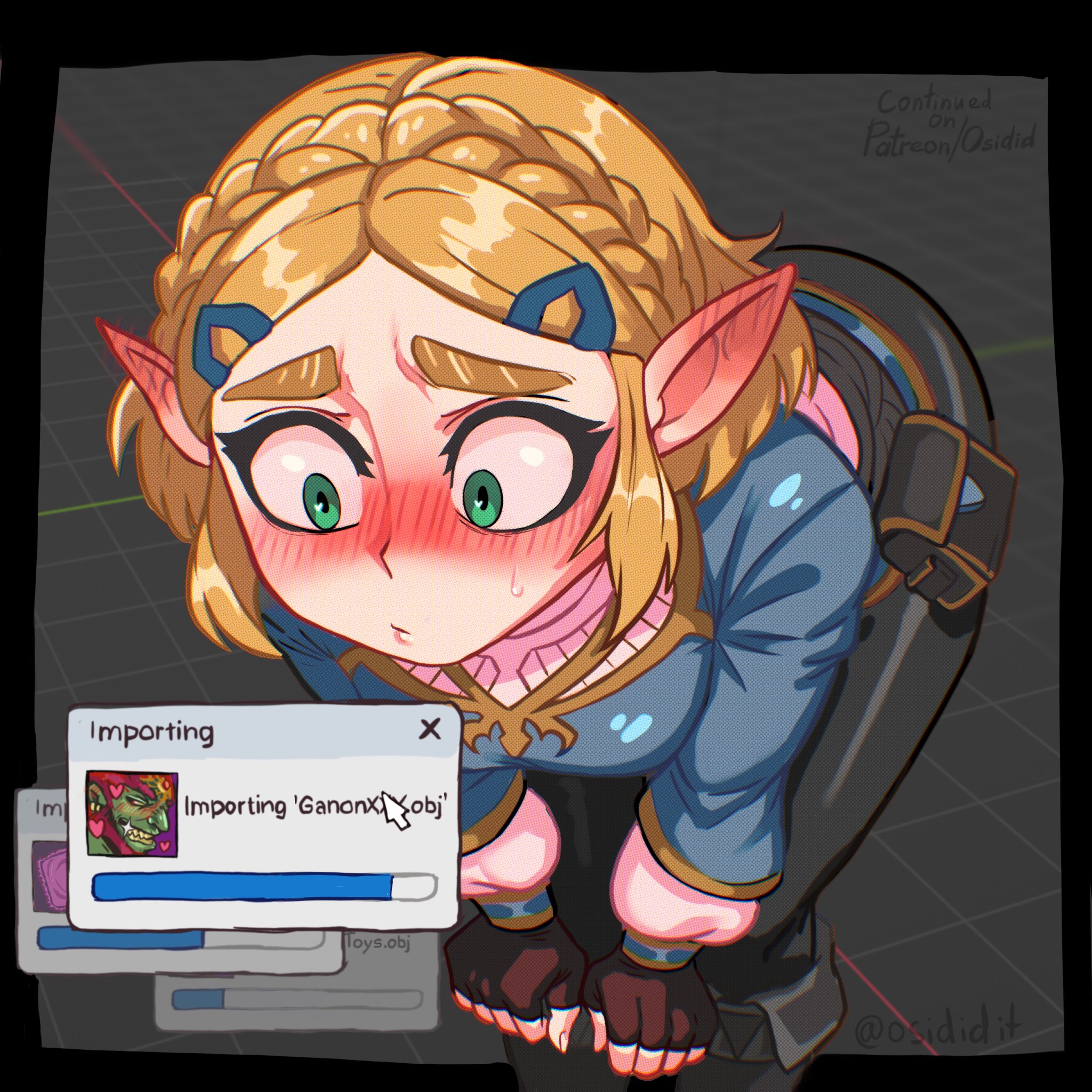 osidid, ganondorf, princess zelda, nintendo, the legend of zelda, the legend of zelda: tears of the kingdom, commentary, english commentary, highres, paid reward available, 1girl, bent over, blonde hair, blush, braid, breasts, brown gloves, condom, condom wrapper, crown braid, cursor, ear blush, fingerless gloves, gloves, green eyes, grin, hair ornament, hairclip, hands on own knees, heart, medium breasts, pointy ears, smile, solo, thick eyebrows, twitter username, window (computing)