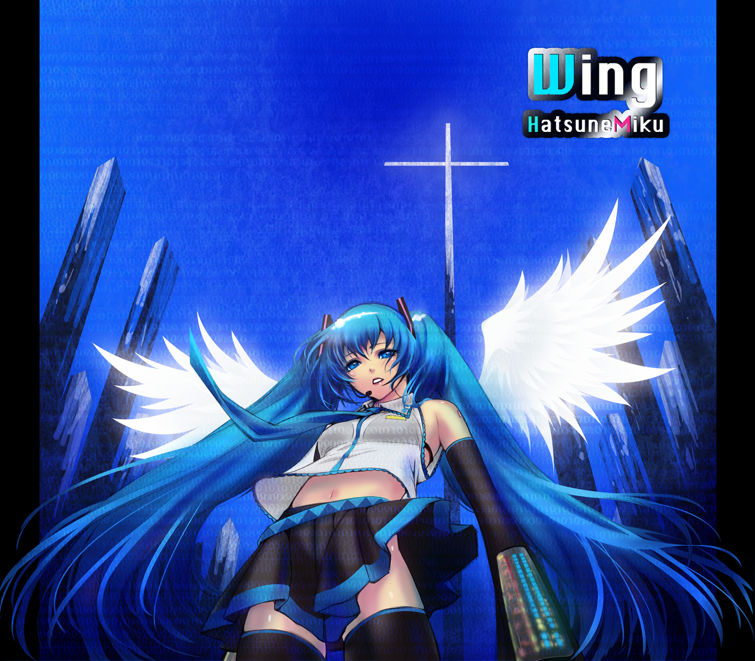 nayu, hatsune miku, vocaloid, bad id, bad pixiv id, highres, blue eyes, blue hair, cross, detached sleeves, long hair, microphone, navel, necktie, skirt, solo, thighhighs, twintails, wings, zettai ryouiki