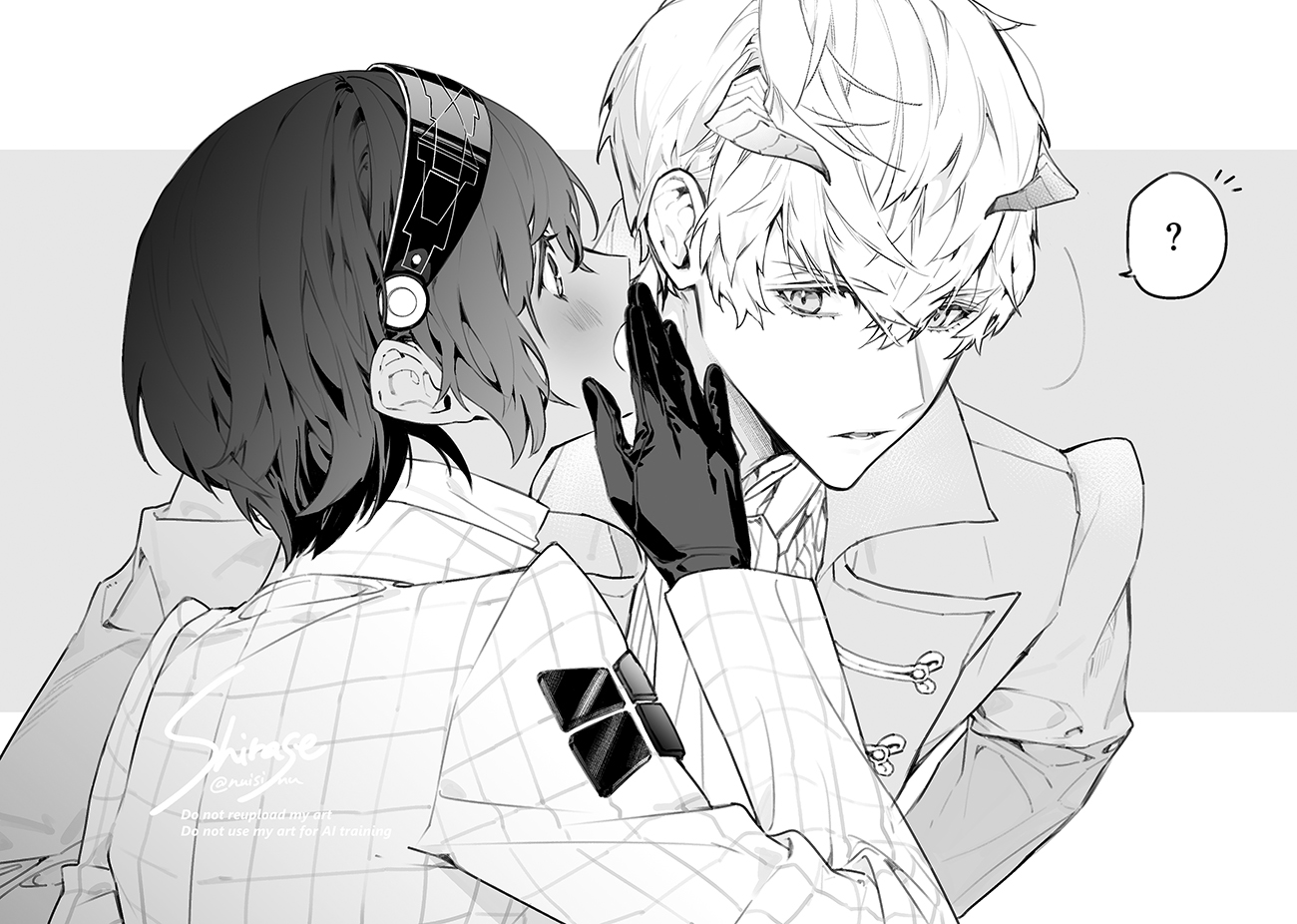 protagonist (metaphor: refantazio), strohl (metaphor: refantazio), metaphor: refantazio, 2boys, ?, arm up, ascot, blush, coat, eyelashes, gloves, greyscale, hair behind ear, hairband, lapels, long sleeves, looking at another, looking to the side, male focus, metal hairband, monochrome, multiple boys, nuisinu, open mouth, parted lips, patterned clothing, profile, short hair, sideways glance, signature, speech bubble, spoken question mark, upper body, whispering in ear