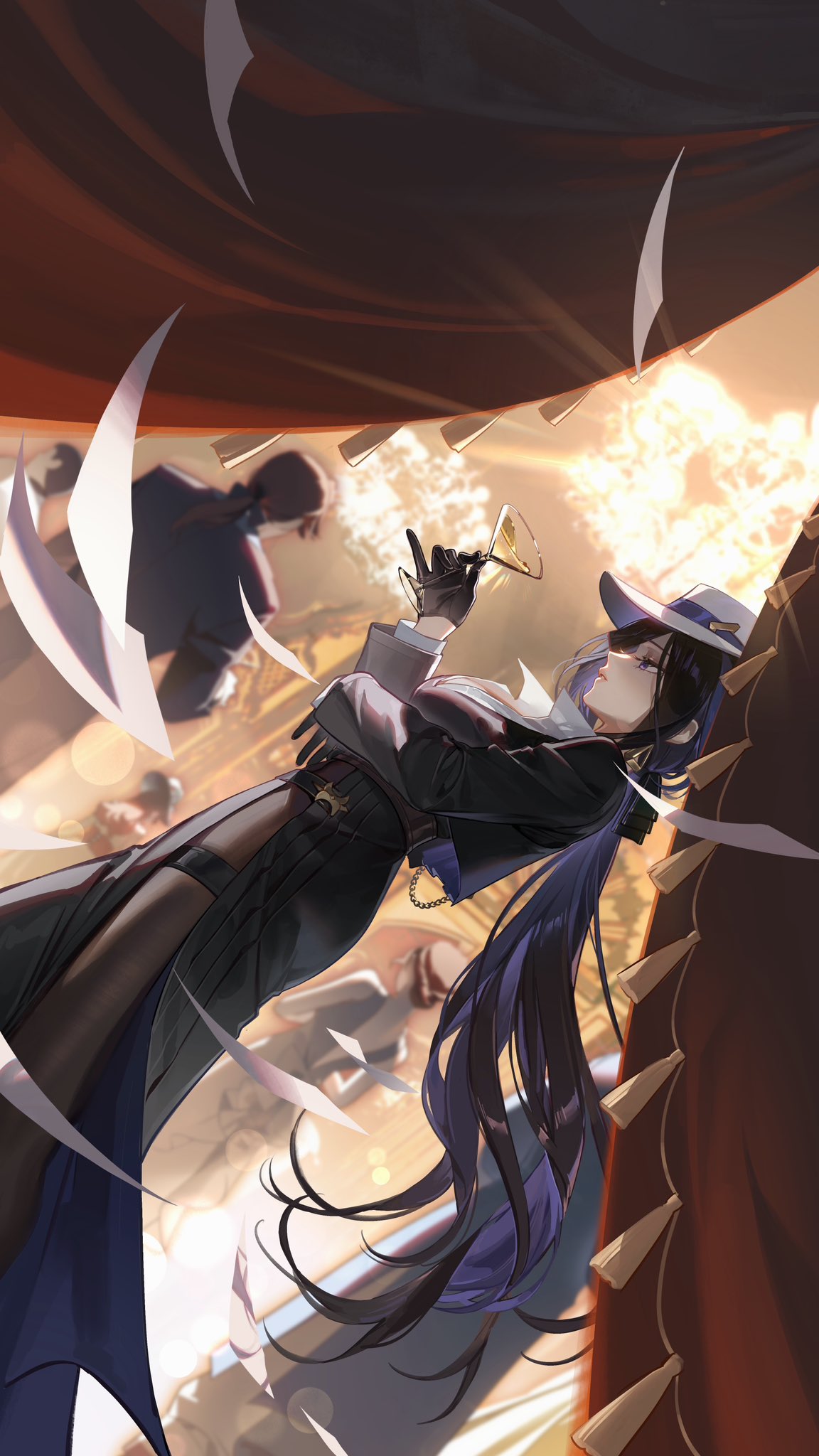 yurayura (mdeh5447), clorinde (genshin impact), genshin impact, commentary request, highres, 1girl, alternate costume, black gloves, black jacket, black pantyhose, black skirt, blue hair, blurry, blurry background, breasts, cocktail glass, collared shirt, cup, curtains, drinking glass, dutch angle, from side, gloves, hat, jacket, large breasts, long hair, long skirt, low-tied long hair, pantyhose, purple eyes, shirt, skirt, solo, very long hair, white hat, white shirt