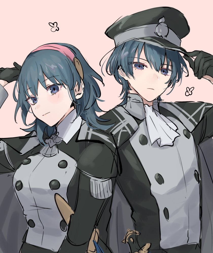 sakura no yoru, female byleth (fire emblem), male byleth (fire emblem), fire emblem, fire emblem: three houses, nintendo, commentary request, 1boy, 1girl, black gloves, black hat, blue eyes, blue hair, buttons, female byleth (academy) (fire emblem), gloves, hairband, hat, height difference, long hair, long sleeves, looking at viewer, male byleth (academy) (fire emblem), military hat, official alternate costume, pink hairband, short hair, simple background