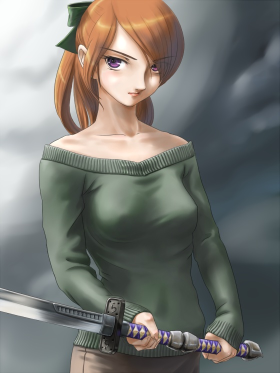 rasukaru, 1girl, bare shoulders, brown hair, female focus, green shirt, hair over one eye, katana, long hair, purple eyes, shirt, solo, sweater, sword, weapon