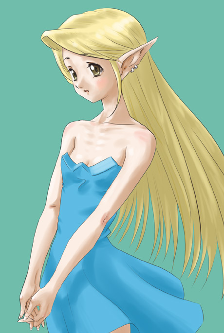 rasukaru, 1girl, bare shoulders, blonde hair, blue dress, brown hair, dress, earrings, elf, female focus, flat chest, jewelry, long hair, own hands together, pointy ears, simple background, solo, strapless, strapless dress