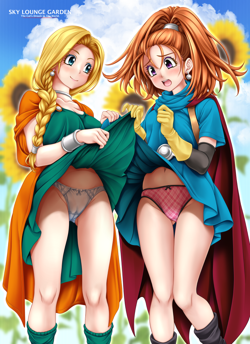 tomoya kankurou, barbara (dq6), bianca (dq5), dragon quest, dragon quest v, dragon quest vi, commentary request, commission, highres, skeb commission, 2girls, black bow, black sleeves, black socks, blonde hair, blue eyes, blue sky, blue tunic, blurry, blurry background, bow, braid, breasts, cameltoe, cape, choker, clothes lift, cloud, detached sleeves, dress, dress lift, earrings, embarrassed, flat chest, flower, gloves, gluteal fold, green dress, green socks, hair tubes, high ponytail, in-franchise crossover, jewelry, large breasts, legs, lifting own clothes, looking at another, looking down, metal hair tubes, multiple girls, navel, open mouth, orange cape, orange hair, panties, pink panties, plaid clothes, plaid panties, ponytail, purple eyes, red cape, silver choker, single braid, sky, socks, sphere earrings, sunflower, thighs, tunic, tunic lift, underwear, white bow, white panties, yellow gloves