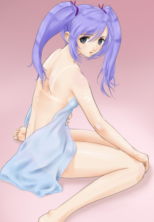 rasukaru, light purple hair, 1girl, back, barefoot, bikini tan, blue eyes, covering privates, female focus, gradient background, kneeling, long hair, looking at viewer, looking back, naked towel, nude, nude cover, pink background, purple hair, shiny skin, simple background, sitting, soles, solo, tan, tan tattoo, tanline, tattoo, towel, twintails, wariza