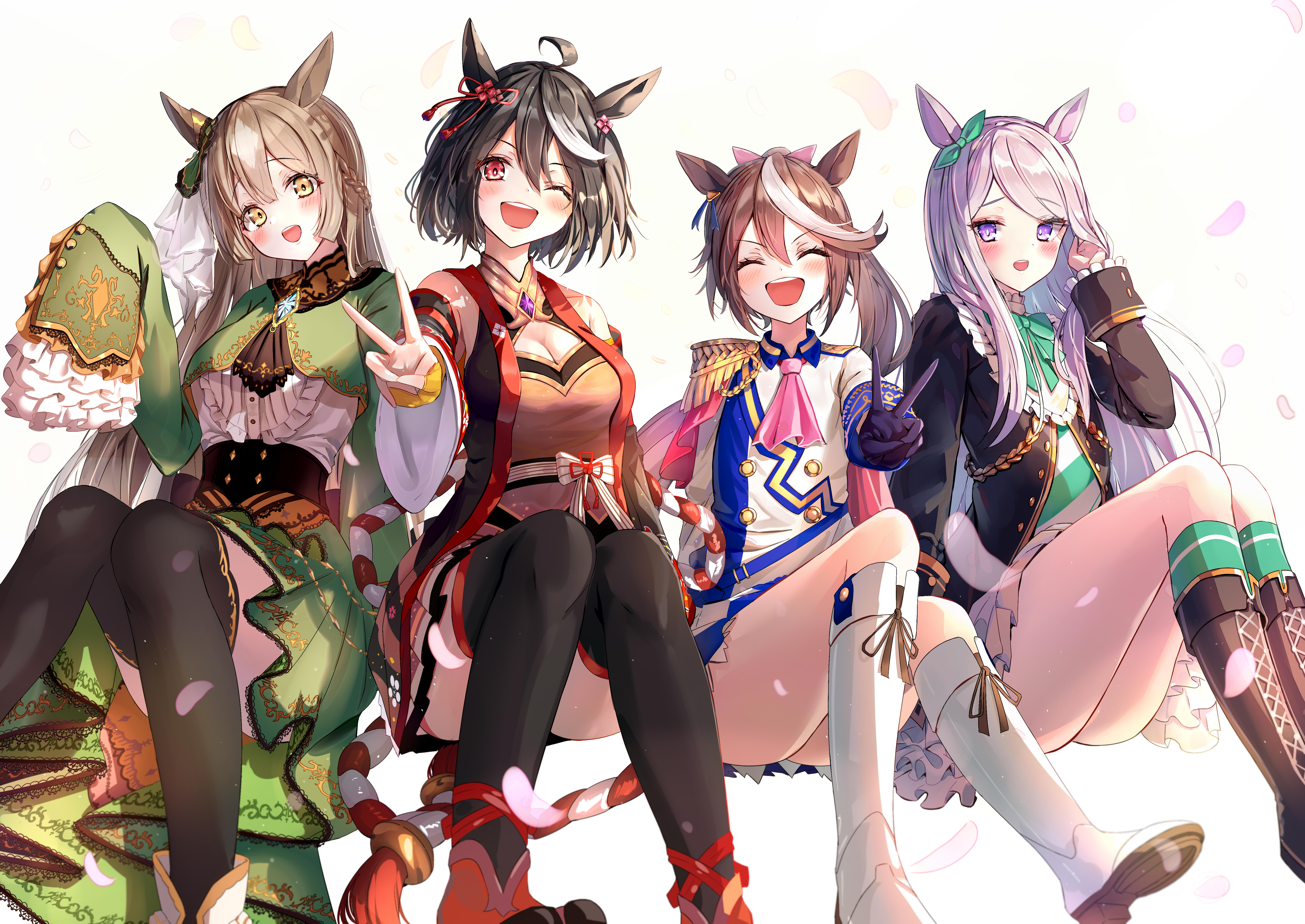 mikami hotaka, kitasan black (umamusume), mejiro mcqueen (frontline elegance) (umamusume), mejiro mcqueen (umamusume), satono diamond (umamusume), tokai teio (peak joy) (umamusume), tokai teio (umamusume), umamusume, absurdres, commentary, highres, 4girls, :d, ;d, ^ ^, ahoge, aiguillette, animal ears, ascot, black boots, black coat, black corset, black gloves, black hair, black thighhighs, boots, bow, bowtie, braid, breasts, brown hair, buttons, capelet, chanchanko (clothes), cleavage, closed eyes, coat, corset, detached sleeves, dress, ear bow, ear ornament, epaulettes, facing viewer, falling petals, gem, gloves, gold trim, green bow, green bowtie, green dress, green shirt, green socks, hair between eyes, hand in own panties, horse ears, horse girl, kitasan black (crowning ooban) (umamusume), kneehighs, kouhaku nawa, lace-up boots, leather wrist straps, long hair, long sleeves, looking at viewer, medium breasts, multicolored hair, multiple girls, one eye closed, open mouth, petals, pink ascot, pink bow, pleated skirt, ponytail, purple eyes, purple hair, red capelet, red eyes, rope, satono diamond (natural brilliance) (umamusume), shimenawa, shirt, short hair, simple background, single epaulette, skirt, sleeveless, sleeveless shirt, sleeves past fingers, sleeves past wrists, smile, socks, streaked hair, striped clothes, striped shirt, teeth, thighhighs, thighs, two-tone hair, upper teeth only, upskirt, v, v-shaped eyebrows, white background, white boots, white bow, white hair, white shirt, white skirt, yellow eyes, yellow shirt