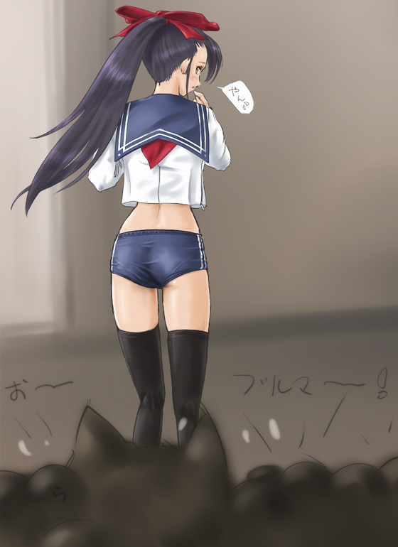 rasukaru, capcom, monster hunter (series), ass, back, buruma, hair ribbon, long hair, ponytail, purple hair, ribbon, school uniform, serafuku, solo, thighhighs