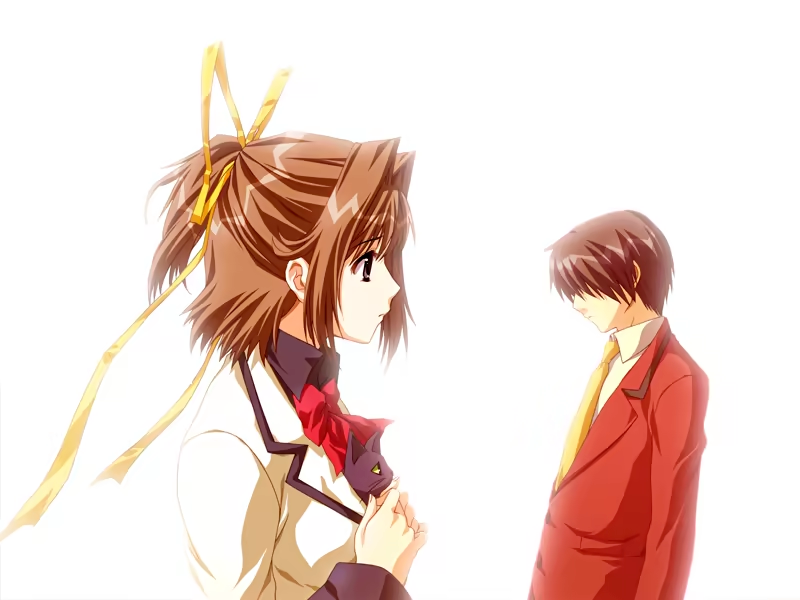 kanno touko, kanzaki chihiro, doko e iku no ano hi, game cg, non-web source, 1boy, 1girl, black eyes, brown hair, cat, closed mouth, faceless, faceless male, from side, own hands together, ribbon, school uniform, serious, white background, yellow ribbon