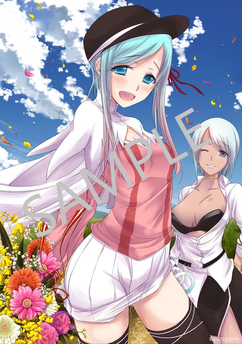 minazuki suu, hina (plunderer), nana bassler, plunderer, official art, 2girls, arms behind back, belt, black belt, black bra, black hat, black skirt, black thighhighs, blue eyes, blue hair, blush, bra, breasts, capelet, cleavage, closed mouth, cloud, collarbone, collared shirt, dark-skinned female, dark skin, field, flower, flower field, half-closed eyes, hat, large breasts, long sidelocks, long sleeves, miniskirt, multiple girls, number tattoo, one eye closed, open clothes, open mouth, open shirt, outdoors, petals, pink shirt, pleated skirt, purple eyes, sample watermark, shirt, sidelocks, skirt, sky, smile, tattoo, thighhighs, underwear, watermark, white capelet, white hair, white shirt, white skirt