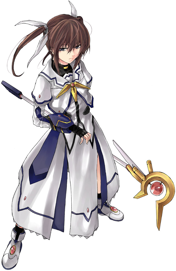 raid slash, raising heart, raising heart (device mode) (1st), takamachi nanoha, takamachi nanoha (movie 1st mode), lyrical nanoha, mahou shoujo lyrical nanoha, mahou shoujo lyrical nanoha movie, mahou shoujo lyrical nanoha the movie 1st, 10s, 1girl, black gloves, brown hair, expressionless, female focus, fingerless gloves, gloves, legs apart, magical girl, shoes, solo, staff, standing, twintails, white background, white devil, white shoes, wide stance