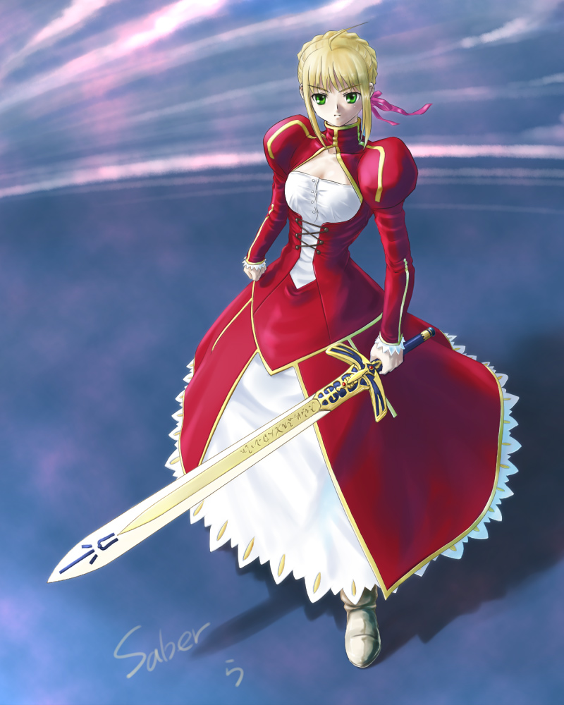 rasukaru, artoria pendragon (fate), nero claudius (fate), saber (fate), fate/extra, fate/stay night, fate (series), 00s, 10s, 1girl, ahoge, alternate color, armor, blonde hair, bow, braid, caliburn (fate), dress, female focus, green eyes, hair bow, hair ribbon, ribbon, solo, sword, weapon