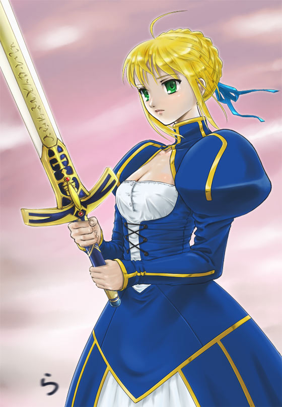 rasukaru, artoria pendragon (fate), saber (fate), fate/stay night, fate (series), 00s, blonde hair, dress, green eyes, short hair, solo, sword, weapon