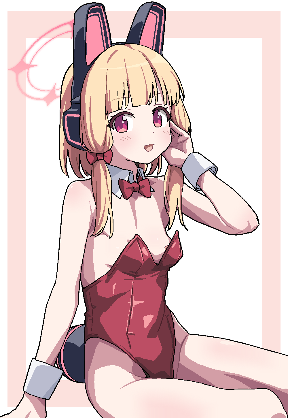 tamaya, momoi (blue archive), blue archive, highres, 1girl, animal ear headphones, animal ears, blonde hair, bow, bowtie, breasts, detached collar, fake animal ears, fake tail, hair bow, halo, headphones, leotard, looking at viewer, open mouth, pink halo, playboy bunny, red bow, red bowtie, red eyes, red leotard, sitting, small breasts, smile, solo, tail, white wrist cuffs, wrist cuffs