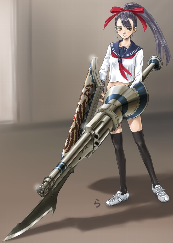 rasukaru, capcom, monster hunter (series), 1girl, black hair, blush, female focus, gunlance, hair ribbon, huge weapon, long hair, mole, mole under eye, ponytail, ribbon, school uniform, serafuku, shield, solo, thighhighs, weapon, yellow eyes