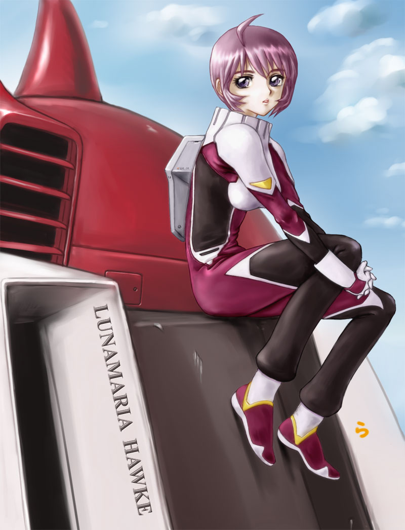 rasukaru, lunamaria hawke, gundam, gundam seed, gundam seed destiny, 00s, 1girl, bodysuit, female focus, mecha, pink hair, purple bodysuit, purple eyes, robot, short hair, sitting, solo