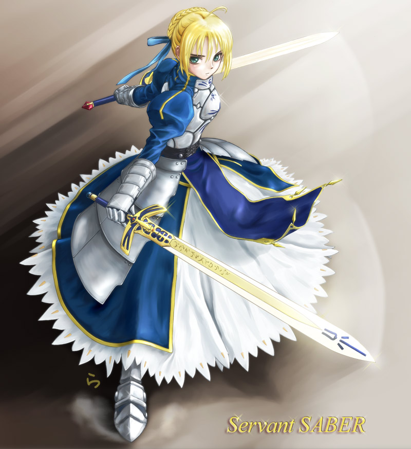 rasukaru, artoria pendragon (fate), saber (fate), fate/stay night, fate (series), 00s, 1girl, armor, armored dress, blonde hair, blue eyes, dress, dual wielding, female focus, holding, solo, sword, weapon