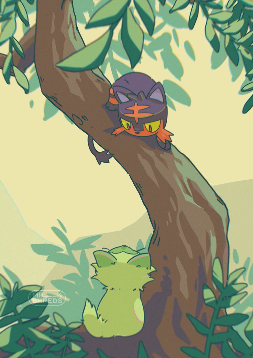 milkshreds, litten, sprigatito, nintendo, pokemon, highres, cat, gen 7 pokemon, green cat, green fur, leaf, looking at another, looking down, no humans, outdoors, plant, pokemon (creature), pokemon focus, sitting, striped fur, tree, yellow eyes