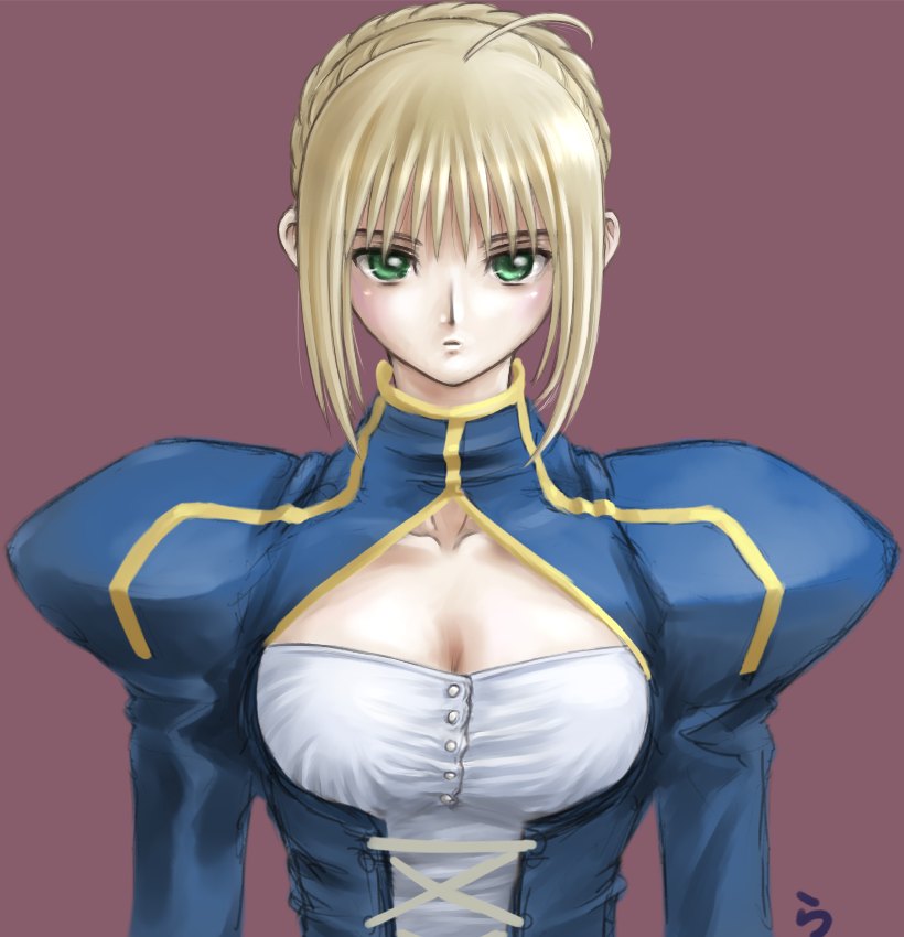 rasukaru, artoria pendragon (fate), saber (fate), fate/stay night, fate (series), 00s, 1girl, ahoge, blonde hair, blush, breasts, cleavage, female focus, green eyes, large breasts, solo