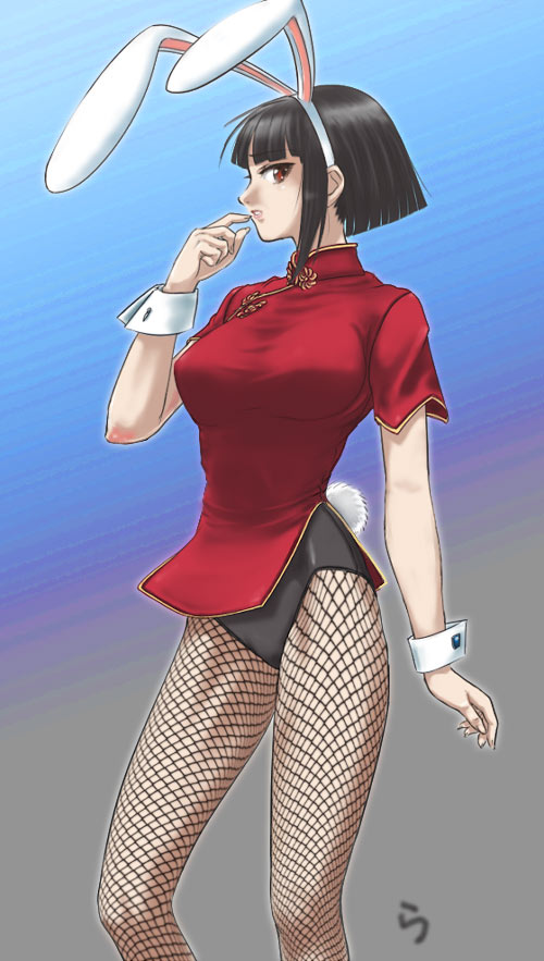 rasukaru, 1girl, animal ears, black hair, blush, breasts, china dress, chinese clothes, dress, fake animal ears, female focus, fishnet pantyhose, fishnets, large breasts, pantyhose, playboy bunny, rabbit ears, rabbit tail, red eyes, short hair, solo, tail