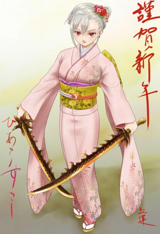 rasukaru, capcom, monster hunter (series), silver hair, dual wielding, hair ornament, holding, japanese clothes, kimono, red eyes, solo, sword, tabi, weapon