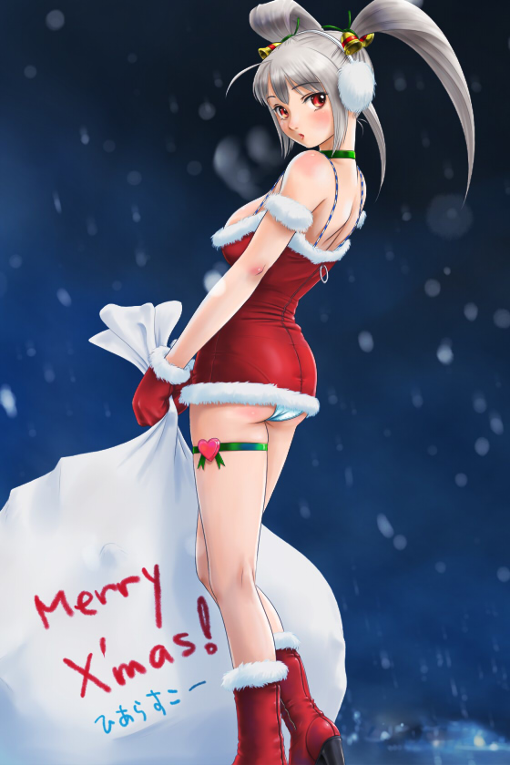 rasukaru, silver hair, 1girl, ass, blush, boots, choker, christmas, dress, female focus, gift, gloves, long hair, panties, pantyshot, red eyes, red gloves, santa costume, solo, strapless, strapless dress, twintails, underwear, white panties