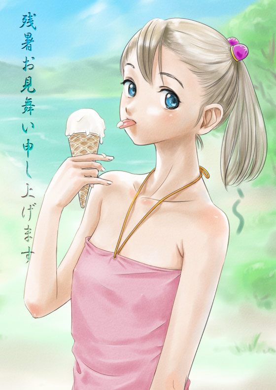rasukaru, bare shoulders, blonde hair, blue eyes, flat chest, food, ice cream, licking, melting, side ponytail, solo, tongue