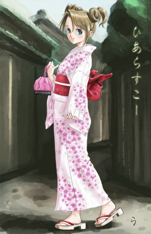 rasukaru, 1girl, blue eyes, blush, brown hair, clog sandals, double bun, female focus, hair bun, japanese clothes, kimono, pouch, sandals, smile, solo, zouri