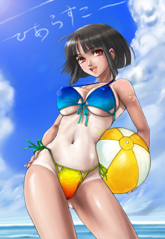 rasukaru, original, translation request, 1girl, :d, ahoge, ball, beachball, bikini, black hair, blue sky, blunt bangs, bob cut, breasts, cleavage, cloud, contrail, contrapposto, covered erect nipples, cowboy shot, day, female focus, front-tie bikini top, front-tie top, groin, hand on own hip, highleg, highleg bikini, holding, horizon, large breasts, leaning, looking at viewer, multicolored bikini, navel, ocean, one-piece tan, open mouth, outdoors, parted bangs, red eyes, ribs, short hair, side-tie bikini bottom, sidelocks, sky, smile, solo, standing, strap gap, string bikini, sunlight, swimsuit, tan, tan tattoo, tanline, tattoo, underboob, water