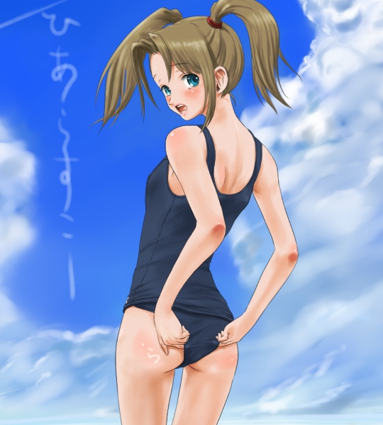 rasukaru, 1girl, adjusting clothes, adjusting swimsuit, ass, back, blue eyes, blush, brown hair, female focus, one-piece swimsuit, outdoors, school swimsuit, sky, solo, swimsuit, teasing, twintails