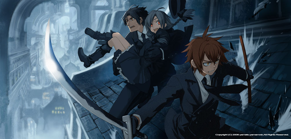 yamamoto yamato, original, bad id, bad pixiv id, 1girl, 2boys, action, boots, carrying, everyone, formal clothes, gloves, katana, multiple boys, necktie, princess carry, scenery, suit, sword, weapon