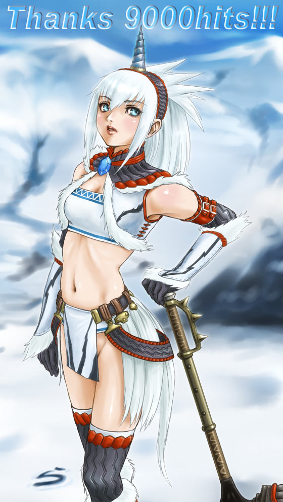 rasukaru, capcom, monster hunter (series), 1girl, bandeau, blue eyes, blush, detached sleeves, female focus, hairband, horns, kirin (armor), loincloth, long hair, midriff, no panties, single horn, solo, strapless, thighhighs, tube top, white hair