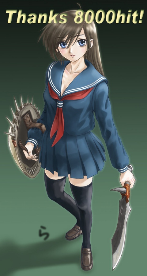 rasukaru, capcom, monster hunter (series), blue eyes, blush, brown hair, dagger, knife, long hair, milestone celebration, school uniform, serafuku, shield, solo, sword, thighhighs, weapon