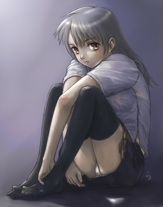 rasukaru, silver hair, blush, brown eyes, feet, long hair, panties, pantyshot, skirt, solo, sulking, thighhighs, underwear, white panties