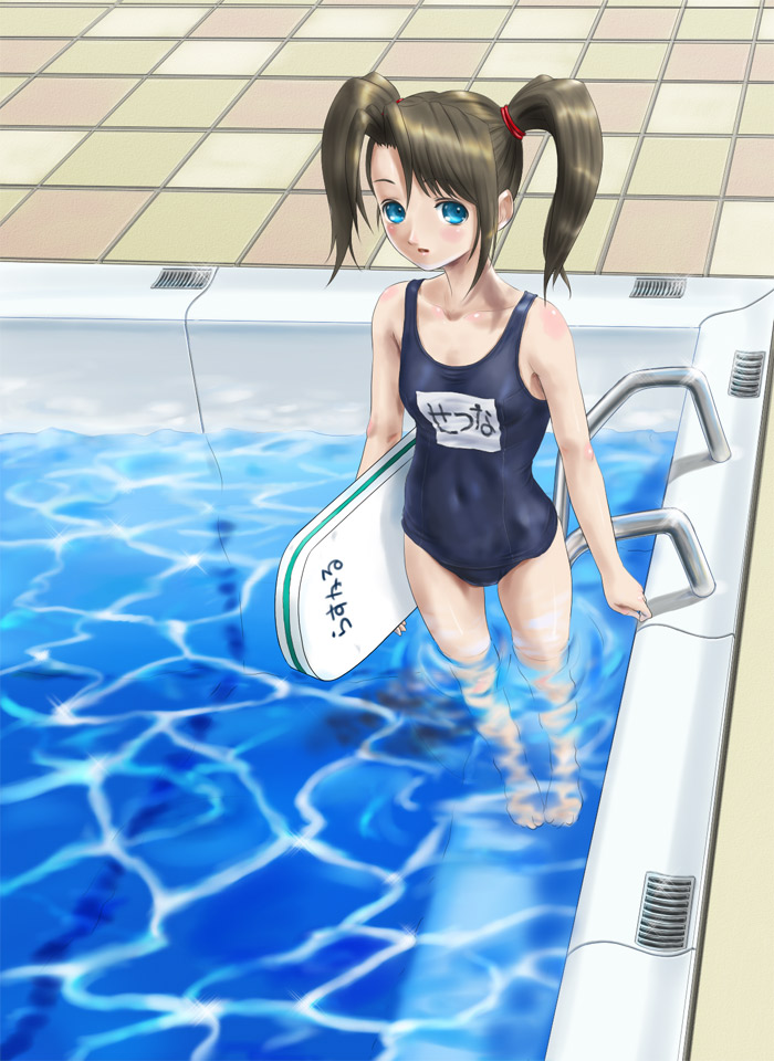 rasukaru, original, 1girl, barefoot, blue eyes, blush, brown hair, female focus, flat chest, from above, kickboard, looking at viewer, name tag, one-piece swimsuit, pool, pool ladder, poolside, school swimsuit, solo, standing, swimsuit, tile floor, tiles, twintails, wading, water