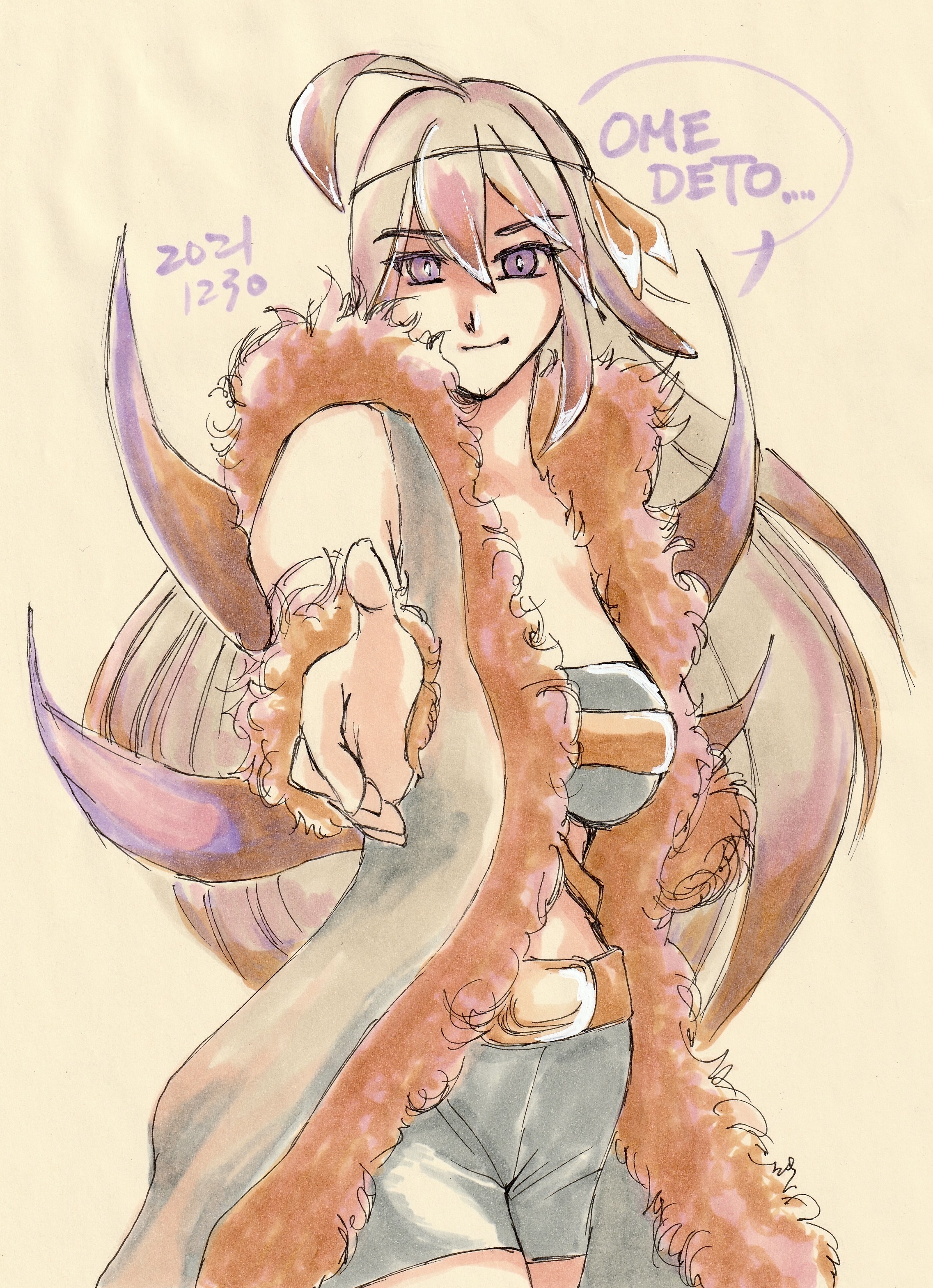 alexandra (grimms notes), grimms notes, source request, 1girl, breasts, closed mouth, dated, grey hair, long hair, looking at viewer, purple eyes, rtist request, smile, solo