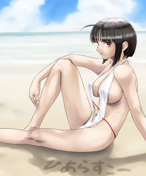 rasukaru, original, 1girl, beach, black hair, breasts, day, female focus, large breasts, red eyes, short hair, sideboob, sitting, slingshot swimsuit, solo, swimsuit